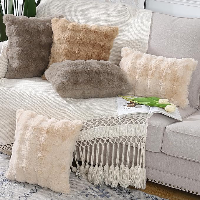 MADIZZ Pack of 2 Thick Plush Faux Wool Throw Pillow Covers Soft Boho Throw Pillows Luxurious Cushion Covers for Couch Sofa Bedroom Living Room Home Decor 20x20 Inch Taupe