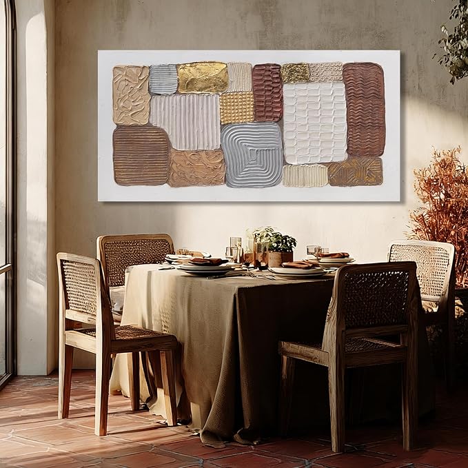 Dolidoteart Canvas Wall Art, Large Abstract Wall Art Print in Neutral Brown Beige Gold, Geometric Textured-Look Artwork for Living Room Bedroom Office, 24x48 Inch