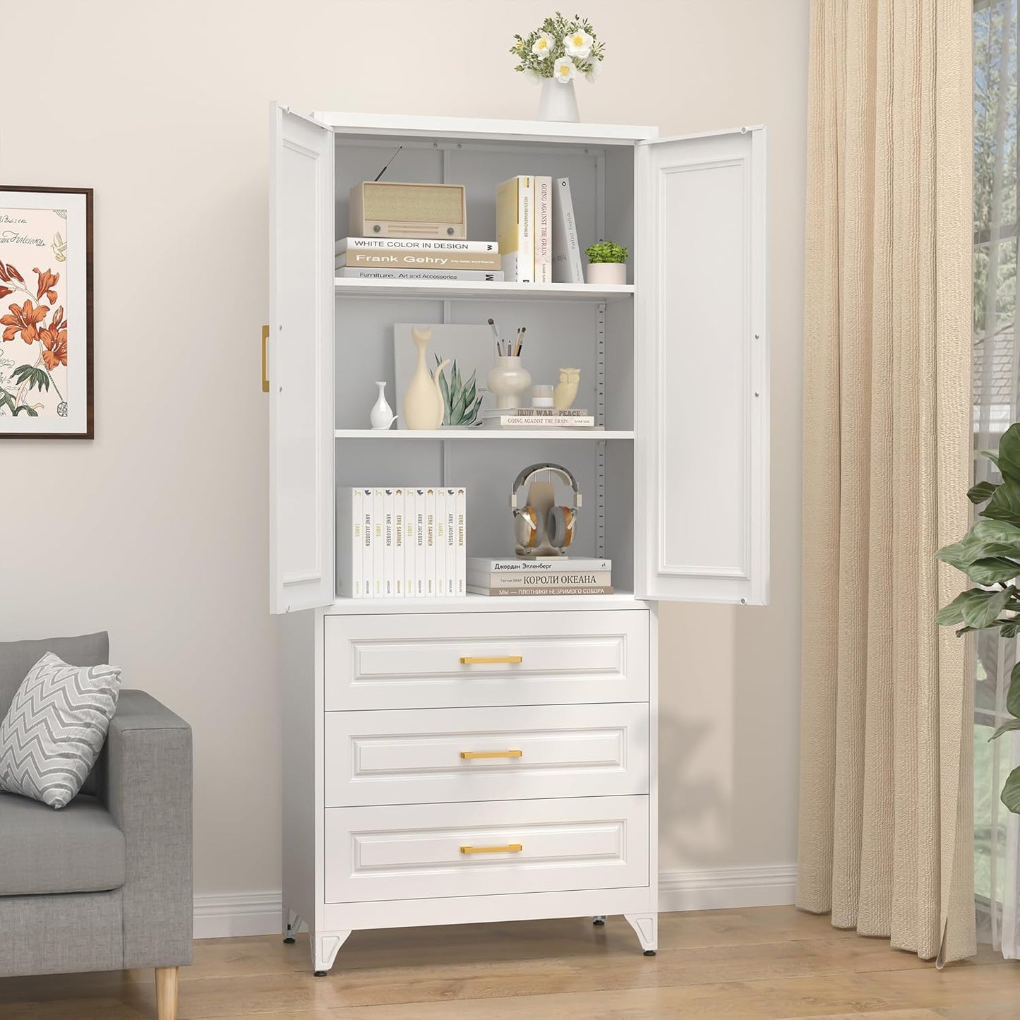 75" Kitchen Pantry Cabinet with 3 Drawer,Metal Storage Cabinets with Doors and 4 Adjustable Shelves,White Kitchen Cabinet with 2 Gold Handles,Food Cupboard for Livingroom,Pantry, Bathroom