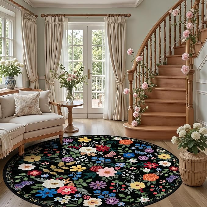 Round Area Rug for Living Room: 8 ft Floral Washable Circle Rug Soft Boho Non-Slip Carpet Indoor Floor Stain Resistant Low Pile Small Circular Rug for Bedroom Entryway Kitchen Nursery Black