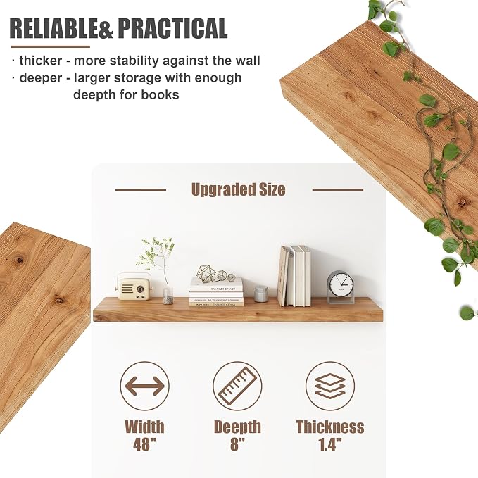 FLYJOE Floating Shelves for Wall, USA-Sourced Elm Wood 48 Inch Long Wall Shelves, Natural Wooden Mounted Picture Ledge Shelf, Nursery Book Storage Shelf Kids Bookshelf, Display Shelf for Bathroom