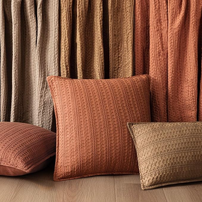 Foindtower Set of 2 Decorative Cotton Waffle Weave Throw Pillow Covers Euro Shams Cushion Covers Accent European Pillowcase for Bed Couch Sofa Bedroom Living Room Home Decor 26×26 Inch Orange Brown