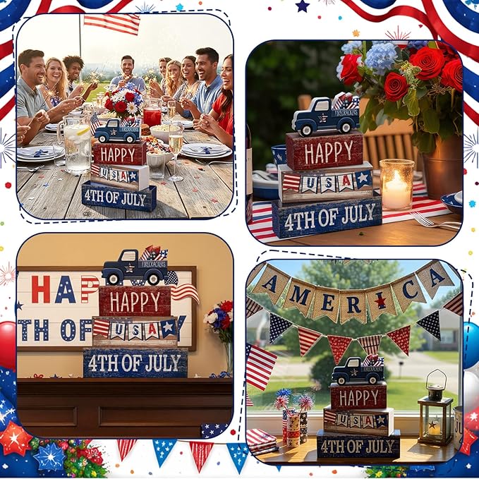 CroBlissful 4 Pcs 4th of July Decorations Patriotic Memorial Day Tabletop Decorations Red White Blue Table Centerpieces Sign for Office Tiered Tray Home Shelf 250th Anniversary(Happy Usa)