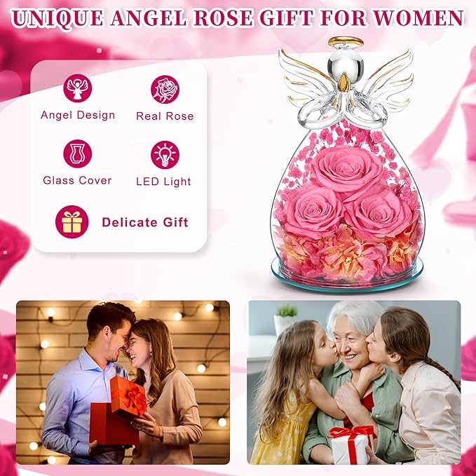 Beferr Mothers Day Mom Birthday Gifts for Women, Fresh Flowers for Delivery Forever Preserved Rose in Glass Angel Figurine, Anniversary Christian Real Rose for Grandma Nana Wife Mum from Daughter Son