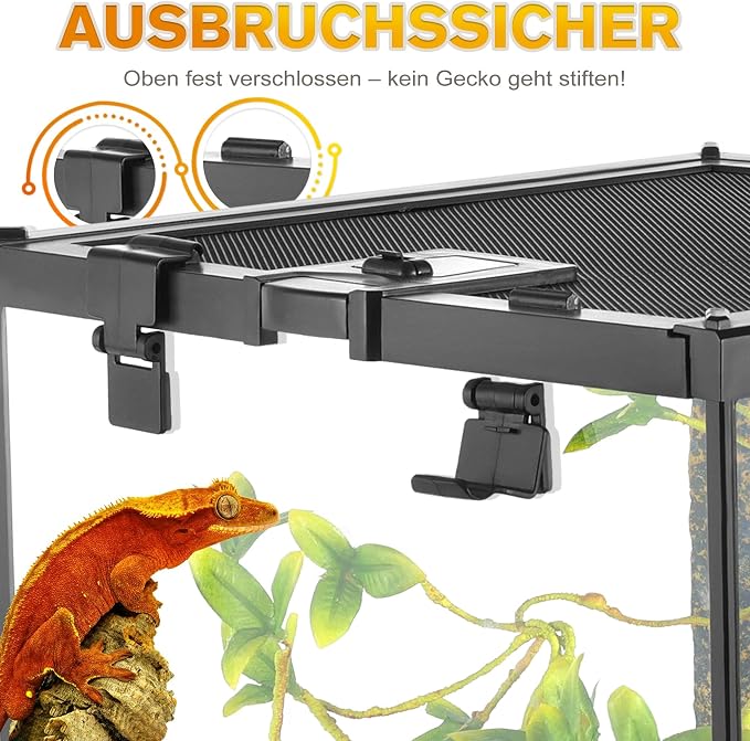 20"x12"x14" Reptile Terrarium, Escape-Proof Glass Arboreal Vivarium for Small Arboreal Reptiles Such as Crested Geckos, with Escape-Proof Lock & Feeding Hatch