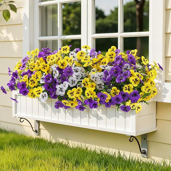 Alupssuc 36 Bundles Artificial Flowers for Outdoors, Fake Spring Flowers for Decoration, UV Resistant Realistic Pansies with Eucalyptus Silk Faux Flowers for Porch Patio Yard, Purple Yellow White