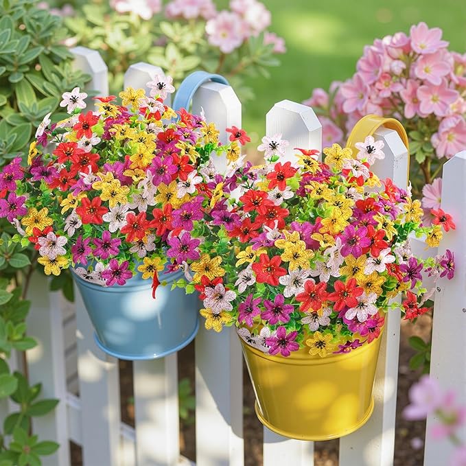 SHareconn 24 Bundles Artificial Flowers for Outdoors Spring Decoration, Fake Silk Realistic Faux Plants UV Resistant for Outside Planter Porch Patio Indoor Decor, RedPurpleYellowWhite