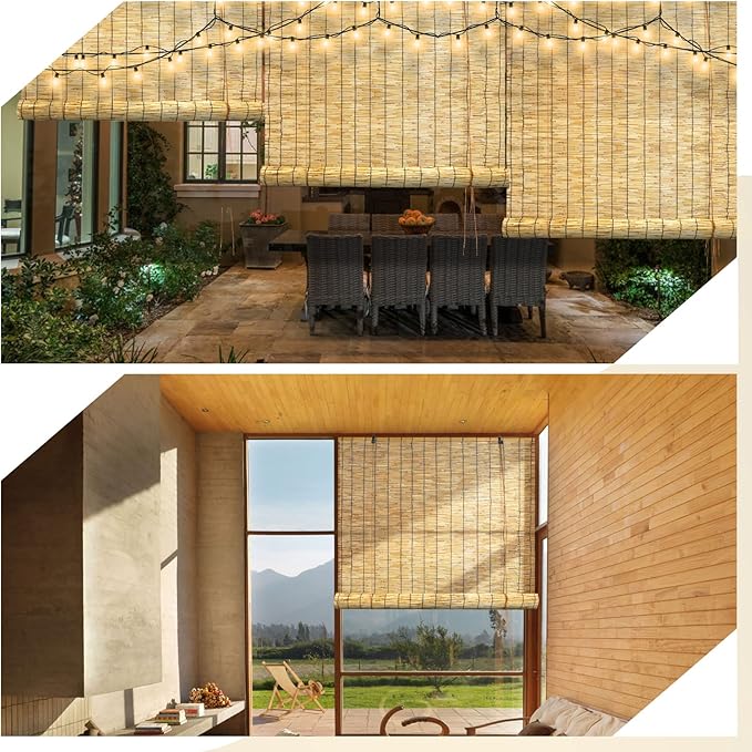 Bamboo Roll Up Shades 2 Pack, Reed Roller Blinds 47" W x 71" H, Natural Light Filtering Window Blinds for Indoor Outdoor Patio Porch Garden