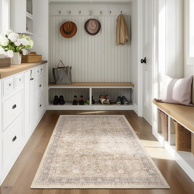Small Area Rugs 3x4, Neutral Beige Throw Rugs for Kitchen Bathroom Bedroom, Washable Non Slip Ultra Thin Front Indoor Door Mats for Entrance Entryway Foyer, Vintage Farmhouse Earth Tone