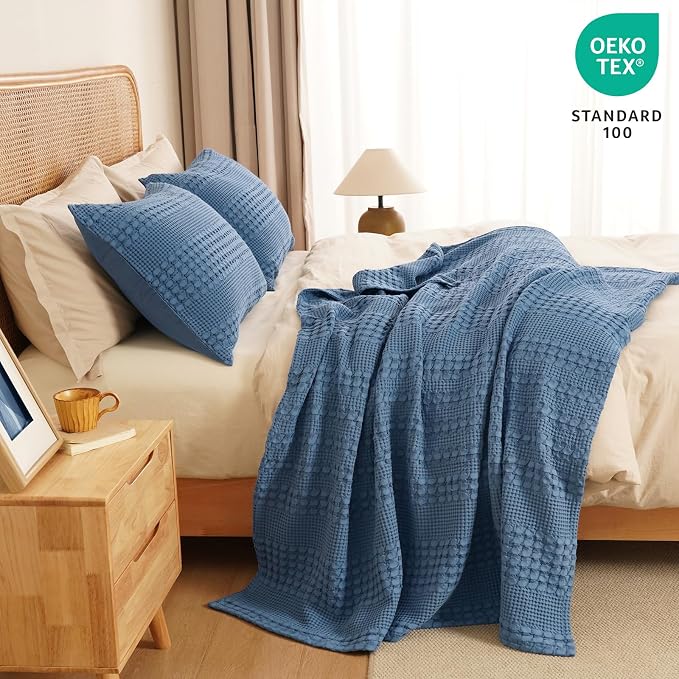 PHF 100% Cotton Waffle Throw Blanket for Couch, Lightweight Breathable and Soft for Summer, Luxury Aesthetic Waffle Weave Blanket for Home Decor & Office, Gifts for Women, 50"x60", Denim Blue