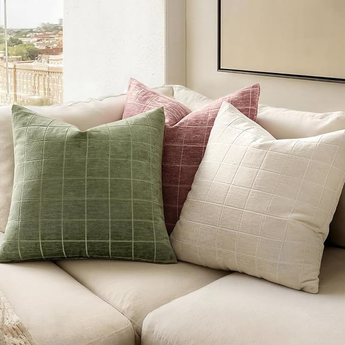 MIULEE Decorative Chenille Check Throw Pillow Covers Vintage Plaid Couch Pillows 20x20 Inch Set of 2 Neutral Boho Farmhouse Cushion Covers Modern Spring Decor for Sofa Bed Living Room Sage Green