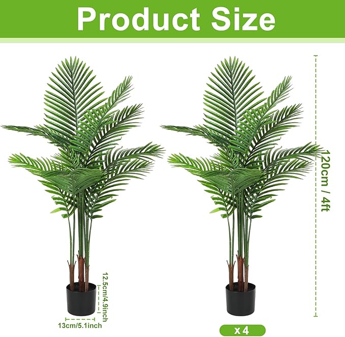Jexine 4 Pack Artificial Palm Trees 4Ft, Fake Plants Fake Trees Artificial Areca Palm Plants for Outdoor Indoor Faux Tree in Pot for Pool Home Decor Office Housewarming Gift Modern Decoration