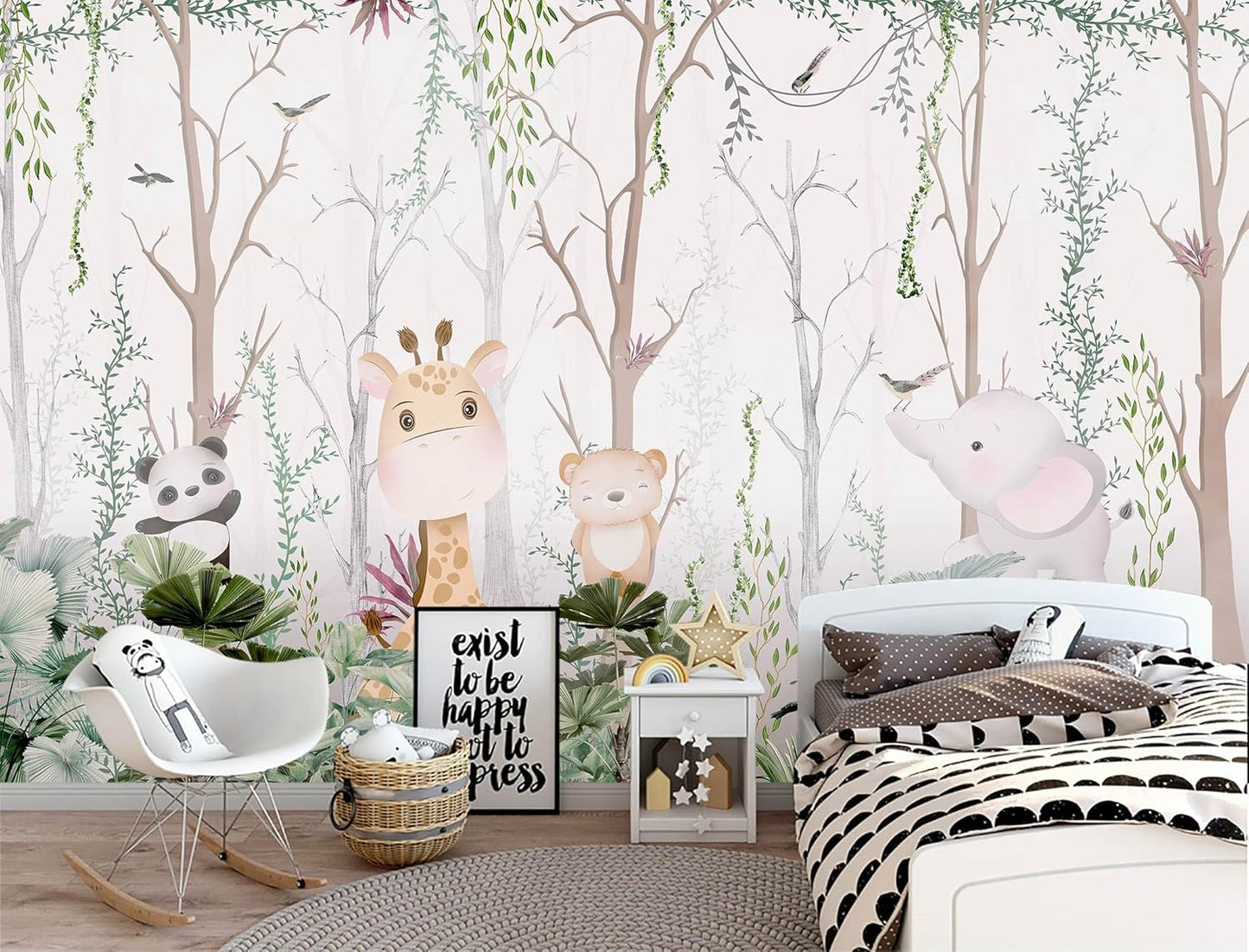 WFBHUA-Kids Tree Wallpaper Cute Animals Plants Bird Wall Decor Mural for Nursery Boys Girls Bedroom Room (Not Peel and Stick)