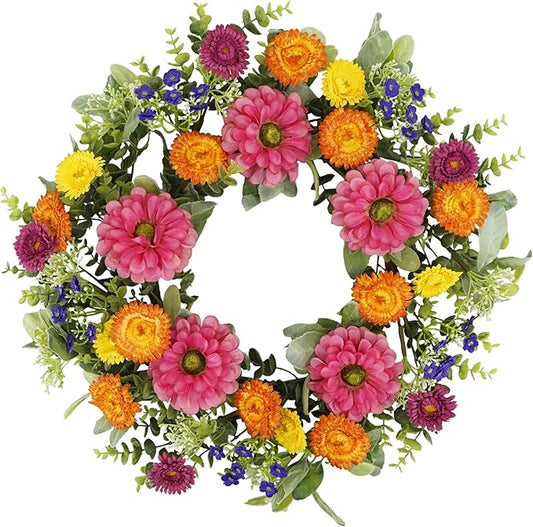 YNYLCHMX 18 inch Spring/Summer Front Door Ring Wreath, Simulated Colorful Daisy Petals, Suitable for Wall Window Farm Parties, Festivals, Home Decoration
