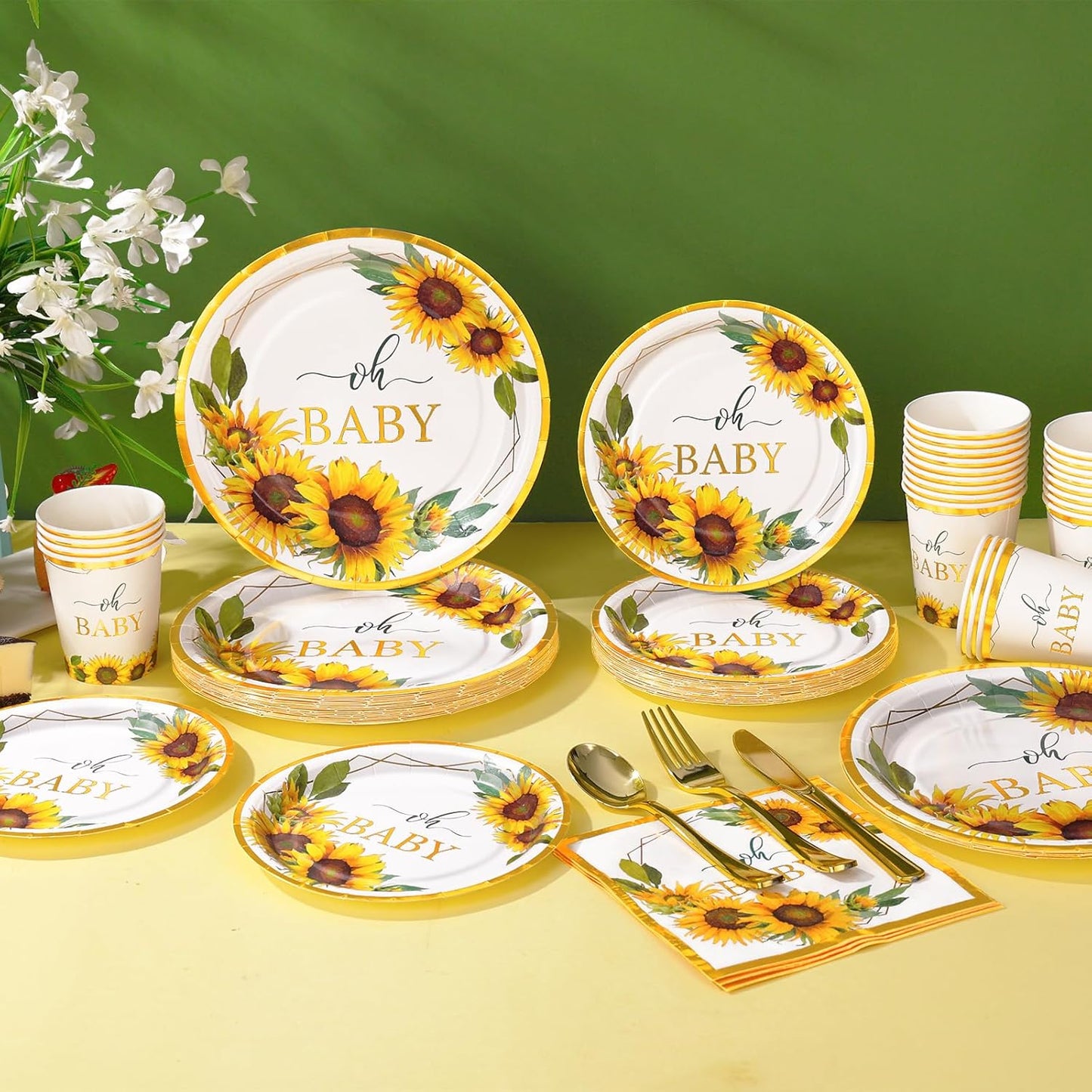 168Pcs Sunflower Baby Shower Decorations for Girl, Baby Shower Plates and Cups and Napkins Sets, Sunflower Plates Serve 24, Baby In Bloom Yellow Oh Baby Party, Easter Spring Summer Fall Party