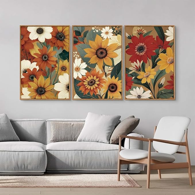 KYLESONLIE Vintage Floral Framed Canvas Wall Art Set, Boho Rustic Sunflower Daisy Wall Decor, Burnt Orange Flower Art Paintings, Retro Colorful Botanical for Living Room Bedroom Farmhouse 16"x24"x3
