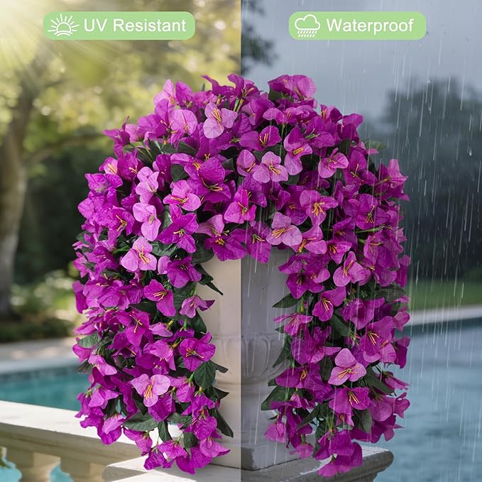 Fake Bougainvillea Artificial Flowers for Outdoors Decoration 2 pcs Faux Hanging Flowers Plants for Outdoor Planters UV Resistant Silk Bougainvillea Vines for Front Door Porch Urn Patio Garden