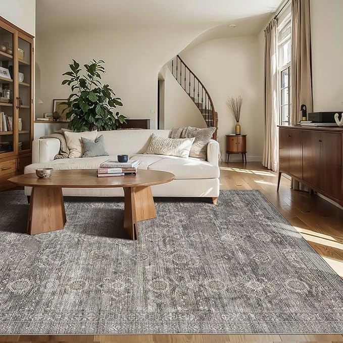 Rugxara 6x9 Area Rugs for Living Room Bedroom, Large Washable Rug, Grey Vintage Retro Boho Rug, Non Slip & Low Pile Faux Wool Thin Carpet for Indoor Dining Room and Kids Room(Taupe/Grey 6x9ft)