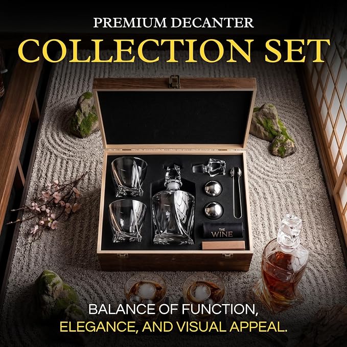 Ember Japanese Crystal Whisky Decanter Set in Wood Storage Box, 4 Tumbler Rocks Glasses & Freezer Chillers - Sake, Scotch, Vodka, Elegant Birthday & Birth Day Barware Gifts, Japan Designed Gifts