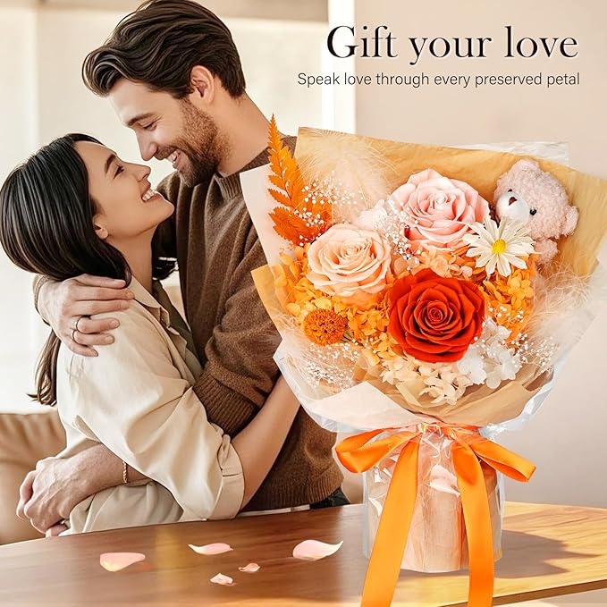 Preserved Flowers Bouquet with Bear, 3 Real Forever Flowers for Delivery, Long-Lasting Orange Eteranl Roses Bouquet, Mothers Day Gifts for Mom Grandma, Anniversary Birthday Gifts for Women Girlfriend