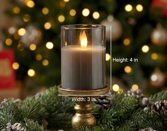 Glass Flameless Pillar Candles Flickering with Remote Timer, Battery Operated LED 3D Moving Flame Real Wax Candles,Remote Included (Gray)