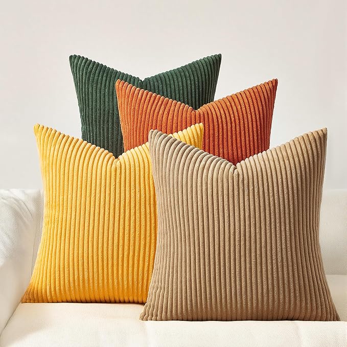 Topfinel Boho Farmhouse Green Rust Striped Pillow Covers 24x24 Set of 4 Mordern Nordic Soft Corduroy Cushion Covers Fall Home Decor for Couch Bed Sofa Living Room Forest Green