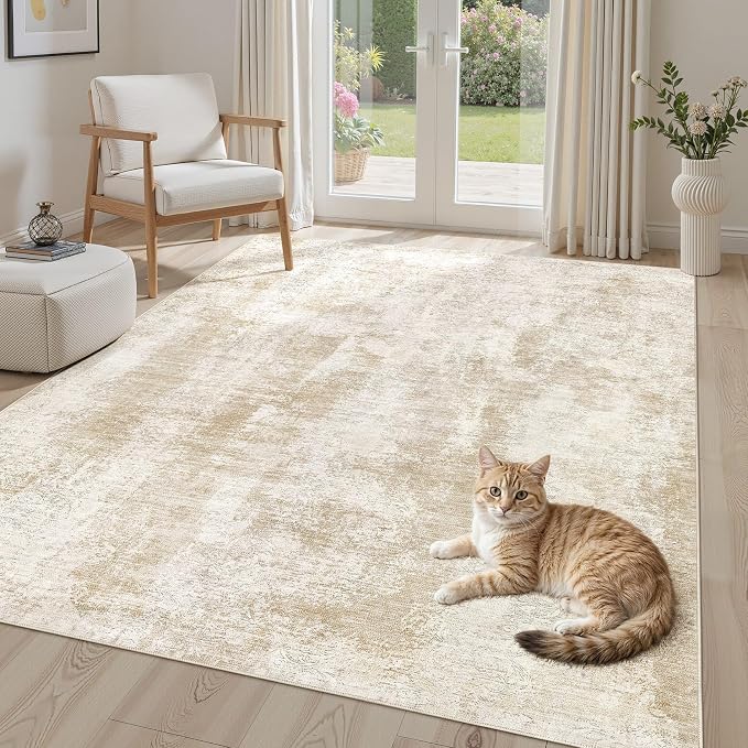 UERMEI Area Rug for Living Room: 6x9 Washable Neutral Abstract Modern Soft Rugs Non Slip Indoor Floor Stain Resistant Carpet for Bedroom Dining Room Office Nursery - Beige