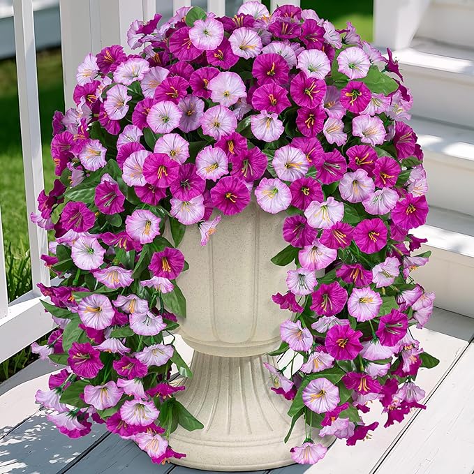INXUGAO Artificial Fake Hanging Flowers Plants for Outdoor Decoration, 2PCS Faux Silk Morning Glory Long Vines Stems UV Resistant Look Real for Outside Home Porch Patio(Violet)