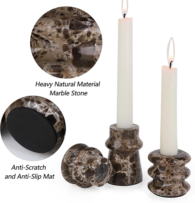 Vixdonos Marble Candle Holder Set of 3 Taper Candle Candlestick Mantle Candle Stand for Home Decor,Wedding,Party and Table Centerpieces(Brown)