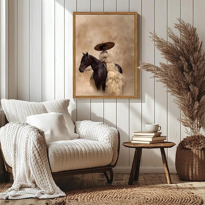 Framed Western Cowgirl Wall Art, Fashion Black Girl Riding Horse Canvas Wall Decor Painting, Black Woman African American Bride Pictures Prints Aesthetic Home Decor for Living Room Bedroom 16x24 inch