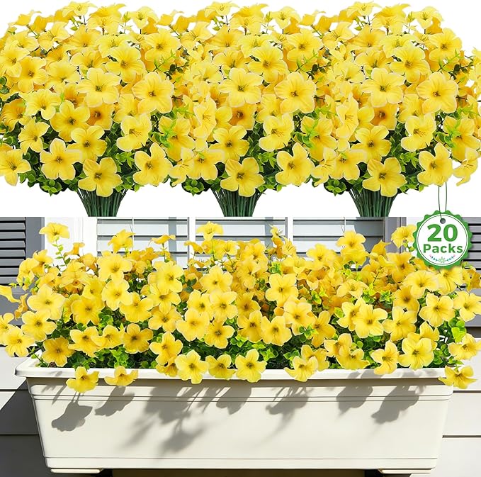 20 Bundles Artificial Petunias Flowers for Outdoors, Faux Silk Flowers UV Resistant Realistic Fake Plants for Outside Planters Porch Patio Yard Garden Spring Summer Home Decor, Yellow