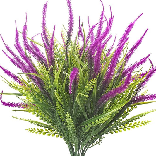 Grunyia 10 Bundles Artificial Plants Outdoor Fake Grass with Flowers UV Resistant Greenery Garden Porch Window Box Decorating (Magenta)