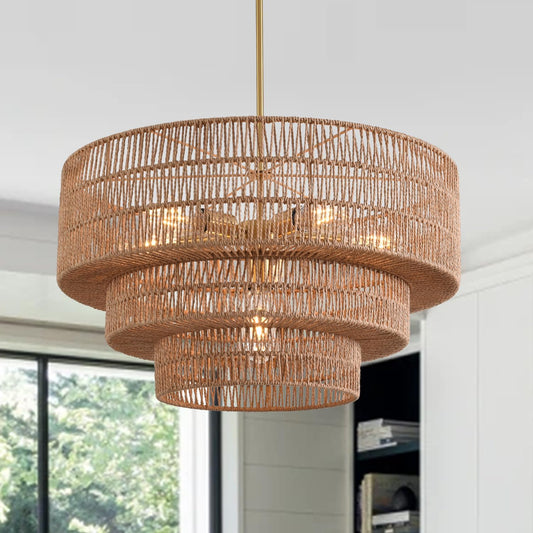 Rattan Chandelier Farmhouse 6 Lights Hand Woven Large Boho Chandeliers for Dining Room Light Fixture Hanging 23.62" Wicker Pendant Lighting for Island