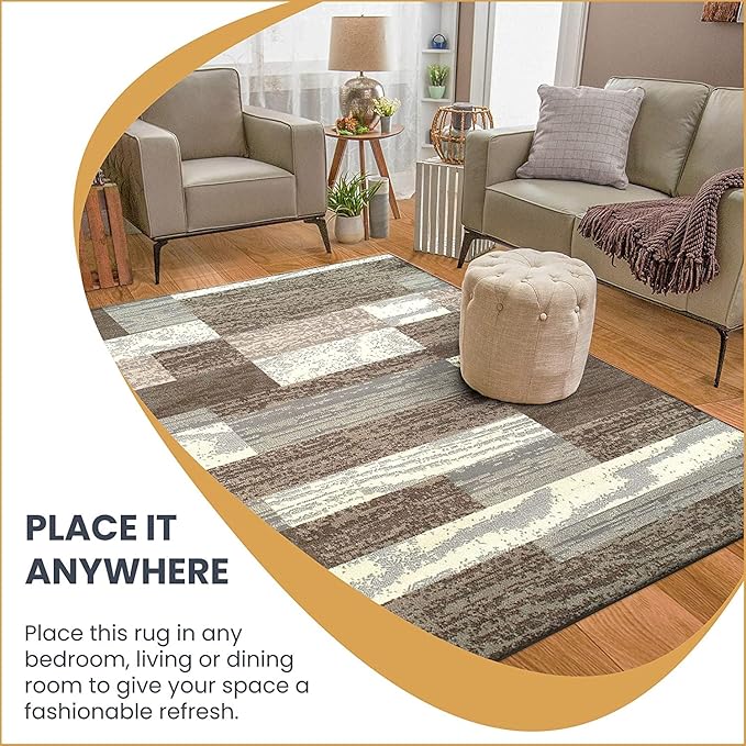 SUPERIOR Rockwood Modern Geometric Patchwork Polypropylene Indoor Area Rug or Runner with Jute Backing, 2.6' X 12', Light Blue-Ivory