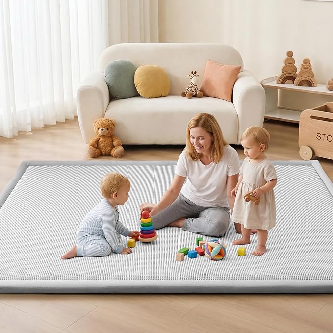 Baby Play Mat for Floor Tummy Time Nursery Rug Muscle Area Rug Playroom Rug 59x79" Elastic Foam 1.3" Thick Crawling Mat for Babies,Toddlers, Infants,Kids(Plaid Light Grey)