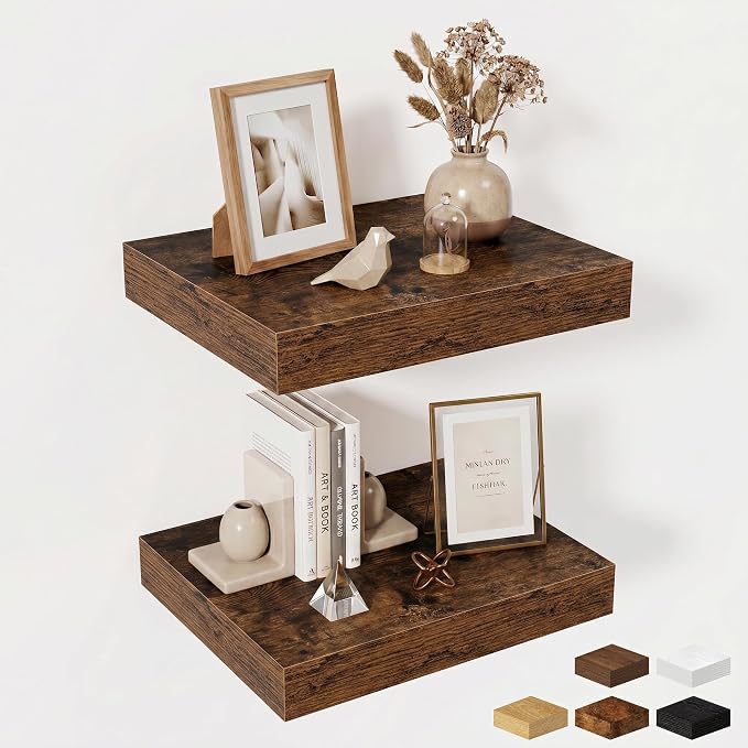 Fun Memories Wood Floating Shelves 16 Inch, 12 Inch Deep Shelves Wall Mount, Wall Shelves with Invisible Bracket, 16" Floating Shelves for Living Room Bathroom Bedroom, Rustic Brown, Set of 2