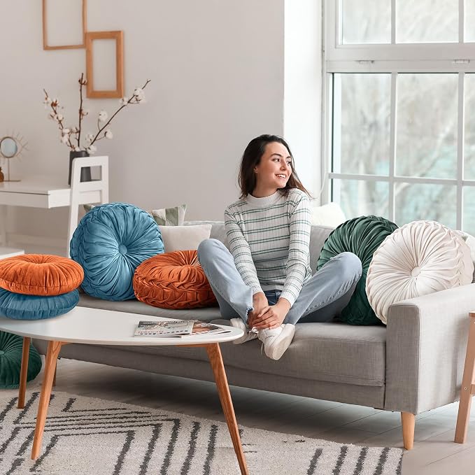 Teieas 2 Pcs Round Throw Pillows Pleated Velvet Pumpkin Round Pillows Floor Cushion for Living Room Couch Chair Bed Sofa 15.7"x15.7"/13.8" x 13.8" (Blush)