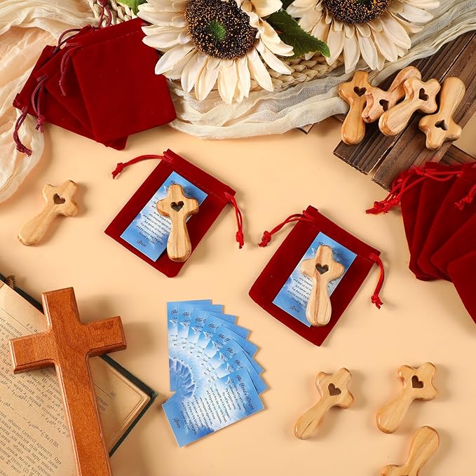 Bucherry 10 Set Olive Wood Cross My Heart Small Pocket Crosses with Bags and Prayer Cards Jesus Christian Holding Hand Crosses Bulk for Christmas Baptism First Communion Gift (Wood,2.36 Inches)