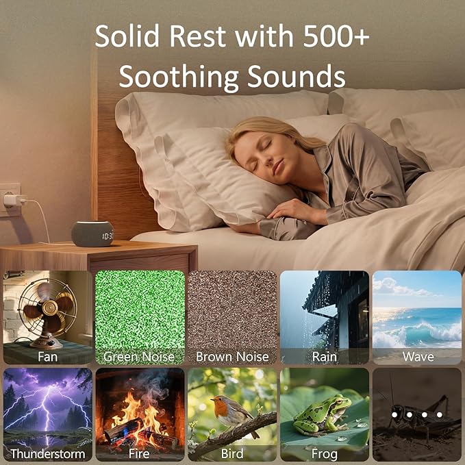 Hotmoon Alarm Clock with Sound Machine for Sleep, Luna Pro Dual-Stage Smart Alarm, 507 Sounds & 10 Healing Frequencies (108-963Hz), Pink Green Brown White Noise for Sleeping Adults Meditation, Plug In