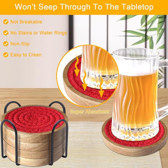 Eykao Coasters for Drinks Absorbent Sets of 5, Woven Coasters with Holder, Housewarming Gift for Farmhouse Home Decor, 4 inches (Red)