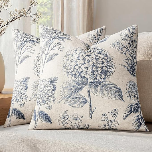 Set of 2 Decorative Floral Neutral Pillow Covers 20x20 Inch Light Blue Hydrangea Print Spring Boho Vintage Throw Cushion Covers for Sofa Couch Porch Bedroom Living Room Summer Home Decor