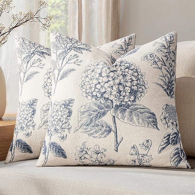 Set of 2 Decorative Floral Neutral Pillow Covers 22x22 Inch Light Blue Hydrangea Print Spring Boho Vintage Throw Cushion Covers for Sofa Couch Porch Bedroom Living Room Summer Home Decor