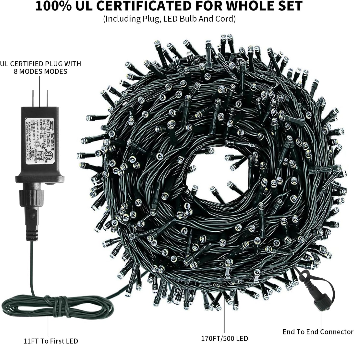 XTF2015 170FT 500 LED Christmas String Lights, Christmas Lights End-to-End Plug 8 Modes - UL Certified - Outdoor Indoor Fairy Lights for Christmas Tree, Garden, Party, Wedding, Holiday (Cool White)