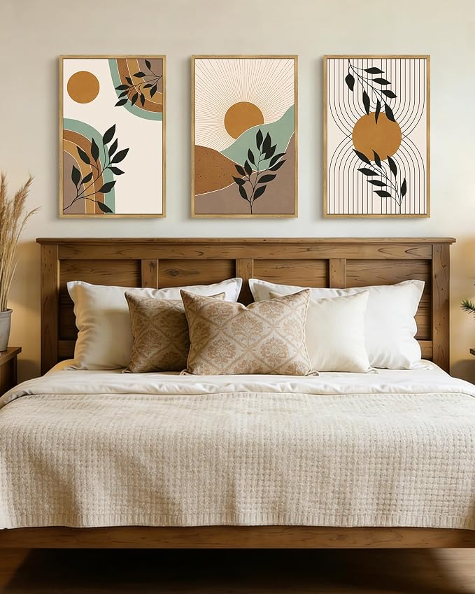PHOPAGO Boho Abstract Wall Art Large 16x24in Botanical Mid Century Modern Framed Wall Printing Neutral Geometric Prints Bohemain Sage Decor for Farmhouse Home Office - Natural Framed