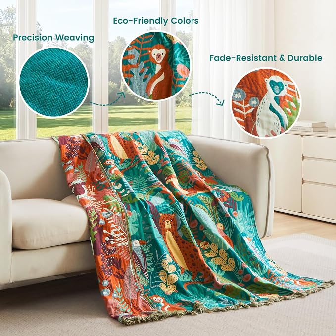 MSGKV Throw Blanket for Bed Cotton Animals Twin Size Couch Blanket 60"x80" Muslin Summer Breathable Lightweight Farmhouse Blankets Home Decor All Seasons