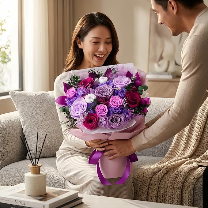 XTYFJGVA 12 Preserved Purple Roses Bouquet, Flowers for Delivery, Real Roses That Last 1-3 Years, Birthday Gifts for Women, Forever Flower Gifts for Mom, Wife, Grandma, Her on Mothers Day, Anniversary