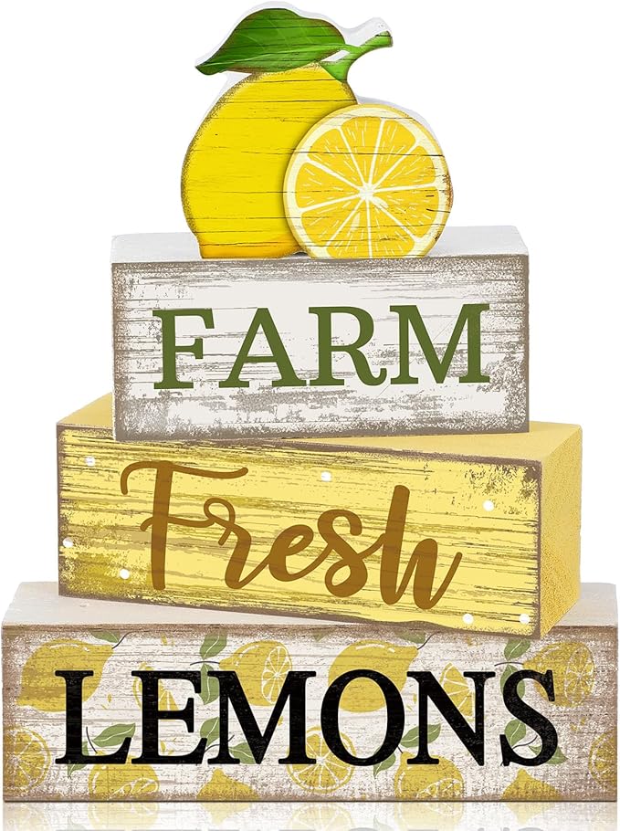 Moucuny 4 Pcs Summer Lemon Decor Wooden Lemon Tiered Tray Decor Farmhouse Rustic Lemons Table Decoration Lemons Book Block Summer Decoration for Home Office Kitchen Mantel Shelf