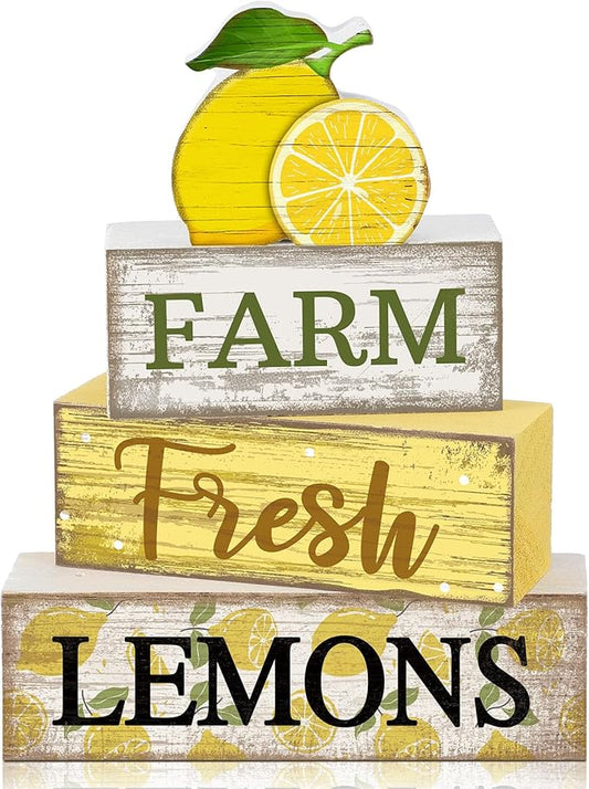 Moucuny 4 Pcs Summer Lemon Decor Wooden Lemon Tiered Tray Decor Farmhouse Rustic Lemons Table Decoration Lemons Book Block Summer Decoration for Home Office Kitchen Mantel Shelf