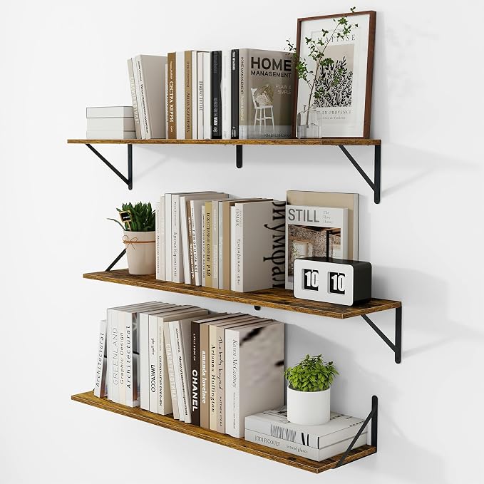 Vivelove Deep Floating Shelves for Wall, 36W x 8D Wood Wall Shelves Set of 3, Wide Floating Bookshelf for Living Room, Kitchen, Office, Bedroom and Decor Storage, with Metal Bracket - Rustic Brown