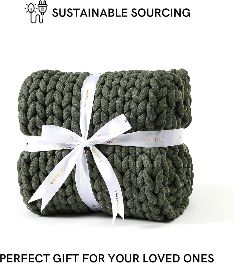 YnM Chunky Throw Blanket, Medium-Weight, Hand Knitted, Skin Friendly, Ventilated and Breathable, Machine Washable, Home Décor Piece for Couch, Sofa and Bed (Olive, 50x70 Inch)